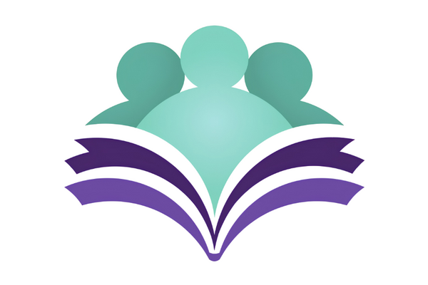 three teal graphic heads peer over a purple book