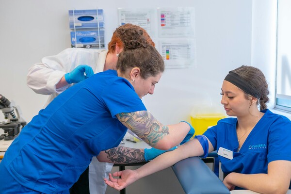 health professional learners practice a blood draw