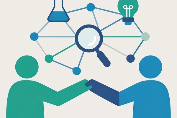 Graphic of two researchers collaborating on various research processes